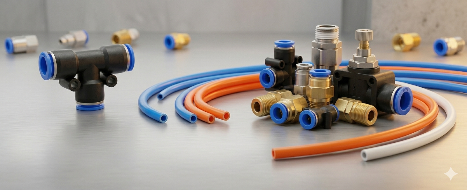 Professional collection of pneumatic push-in fittings, brass connectors, and colorful PU air hoses on a metallic surface.
