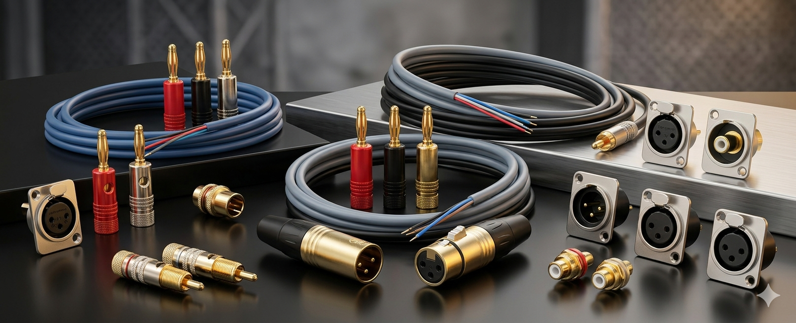 Professional audio connectors collection including gold-plated banana plugs, XLR male and female chassis mounts, and RCA phono jacks for stage and studio sound systems.
