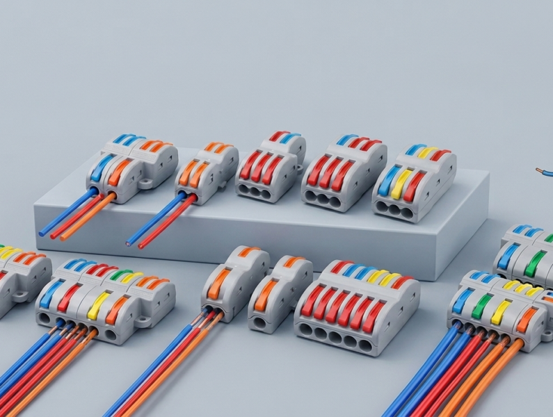 FD and SPL series fast wire connectors, 2/3/4/5 pin lever-nut terminal blocks for secure electrical branching and docking, tool-free compact wiring solution.