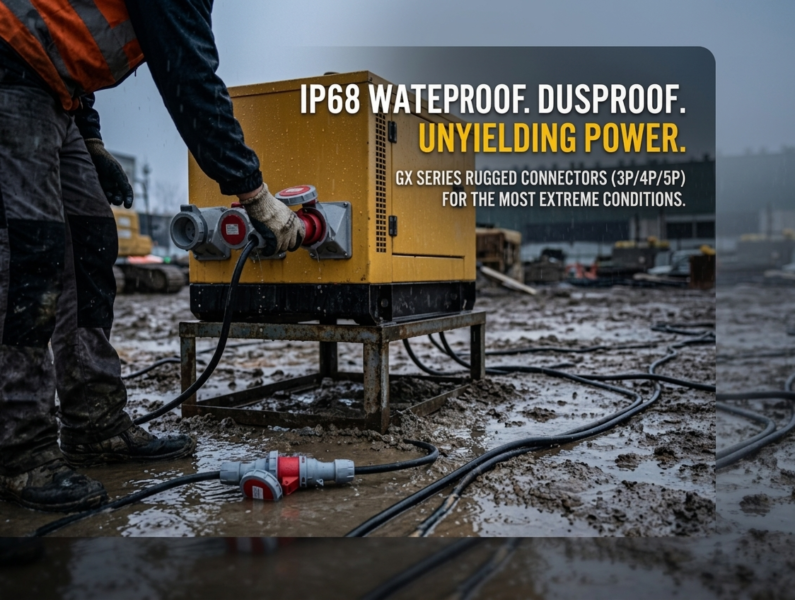 IP68 waterproof industrial power connectors (3P/4P/5P) in rugged outdoor construction site, showing heavy-duty unyielding power performance in mud and rain.