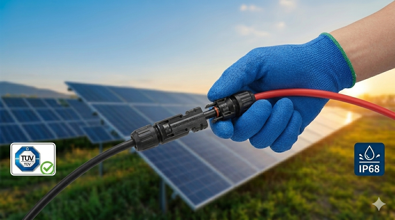 Professional installation of solar PV connectors in a solar farm, featuring secure waterproof connection with single black and red cables, IP68 rated and TUV certified.