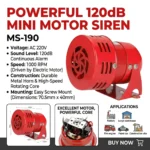 120dB Motor Siren MS-190, 220V Industrial Alarm Siren with Metal Housing,High Power Sound Warning Alarm for Factory and Workshop