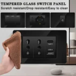 Italian Standard 118x75mm Black Tempered Glass Chile Schuko Outlet 16A Dual USB Type-C 20W Fast Charging for Home Office Kitchen