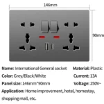 Universal Wall Socket with USB-C USB Charger & Switches, 2 Gang Power Outlet With LED, Flush Mount, AC 110-250V - Image 4